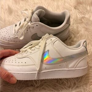 Nike White Low-Top Sneakers with Holographic Swoosh